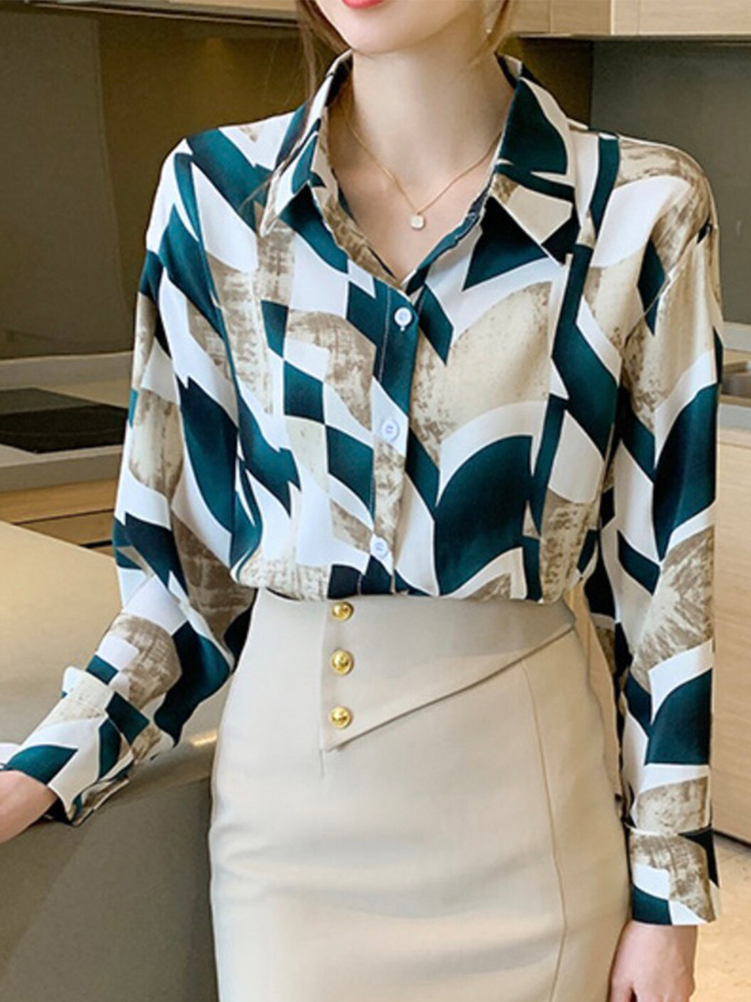 LULU & SKY Geometric Printed Shirt Style Top