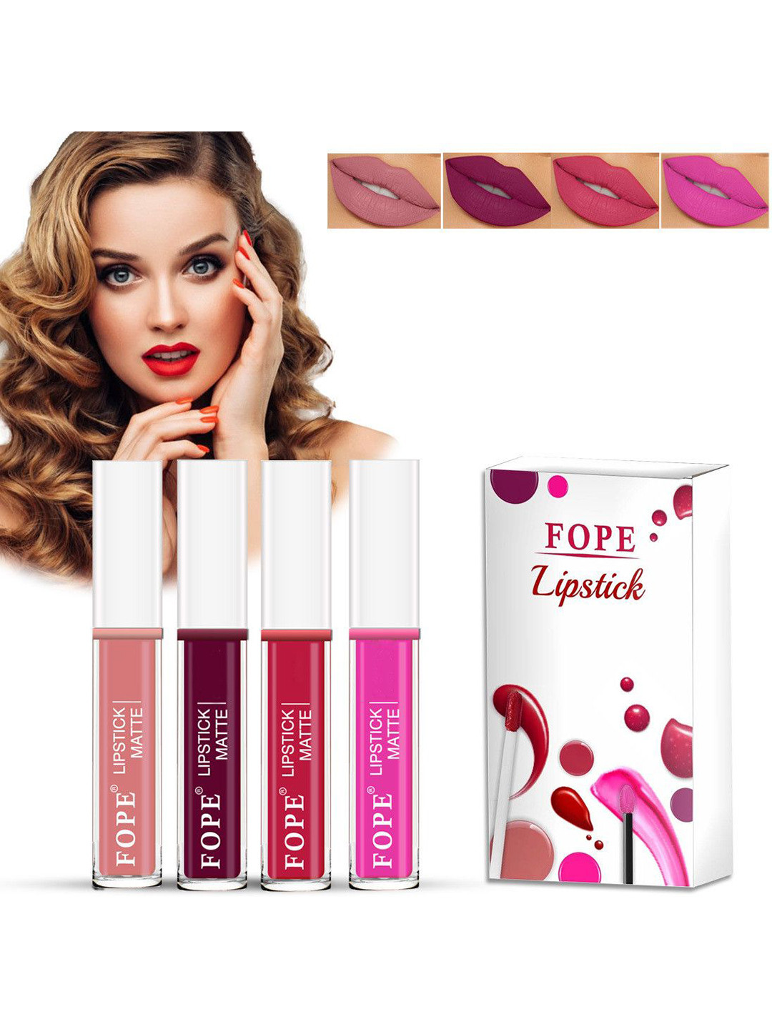 FOPE Set Of 4 Liquid Lipstick - 4ml Each - Old Rose 02 - Maroon 08 - Red 09 - Neon Pink 12