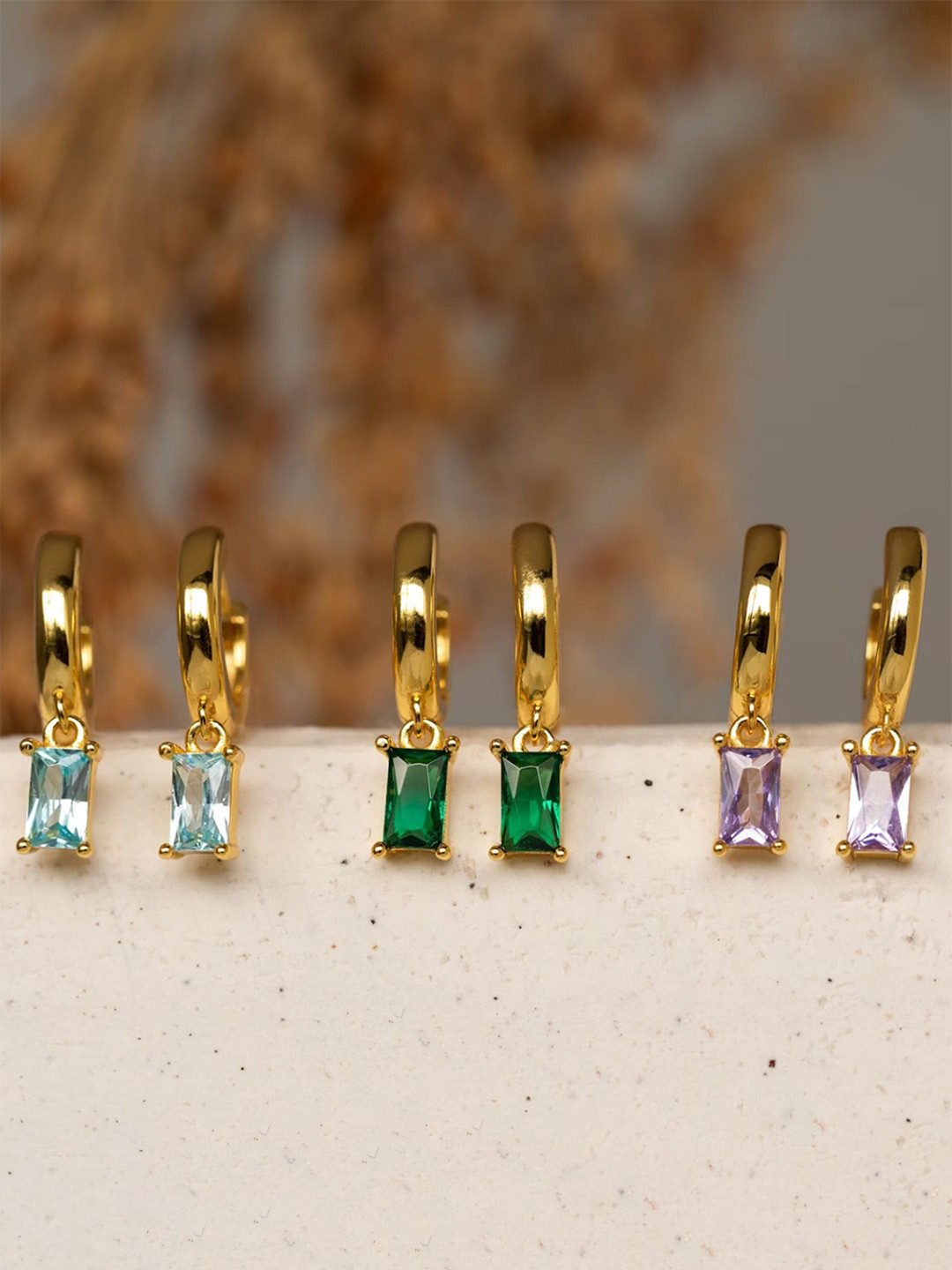 ShopSiiri Birthstone Baguette Huggies 18k Gold Plated Anti Tarnish December Zircon