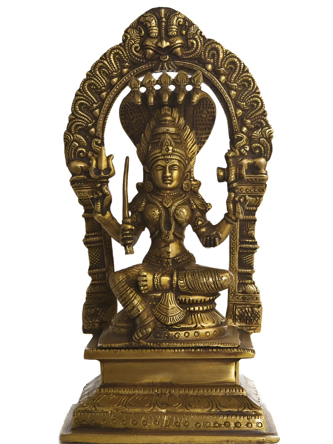 Exotic India Goddess Mariamman Gold Brass Metallic Prayer Room Hand Made Medium Showpiece - 9.5 Inches