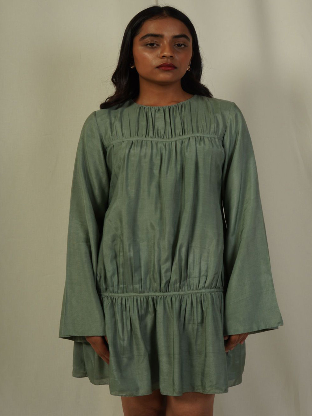 Hemis Women Round Neck Flared Sleeve Empire Mini Cotton Dress