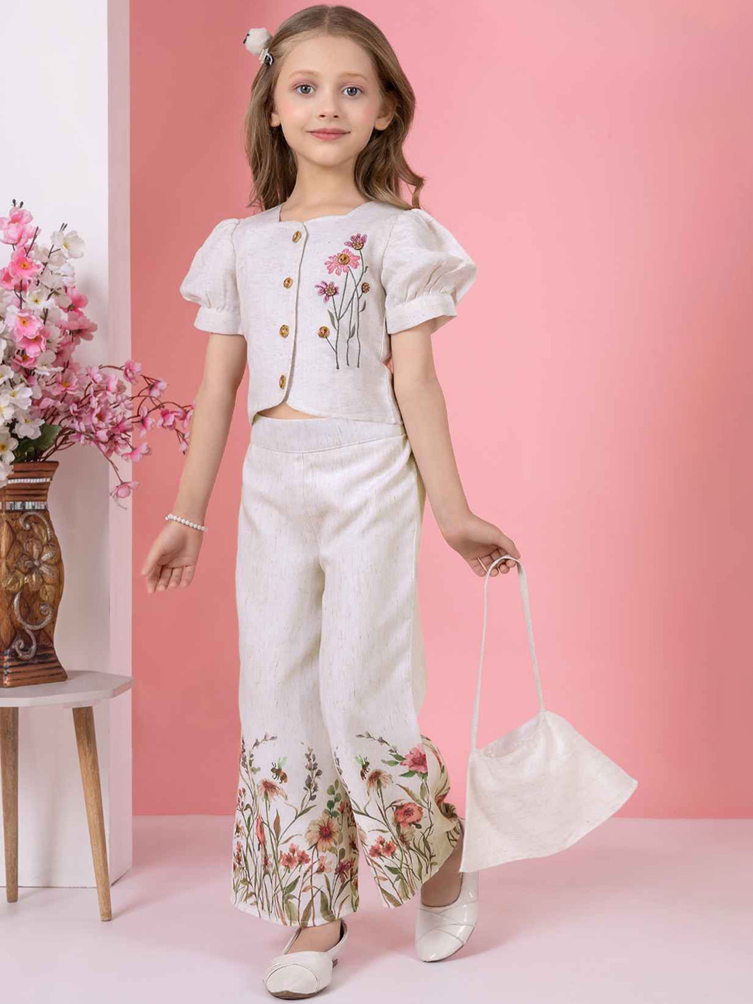 Lagorii Floral Printed Top And Wide Legged Pant Set With Hand Bag