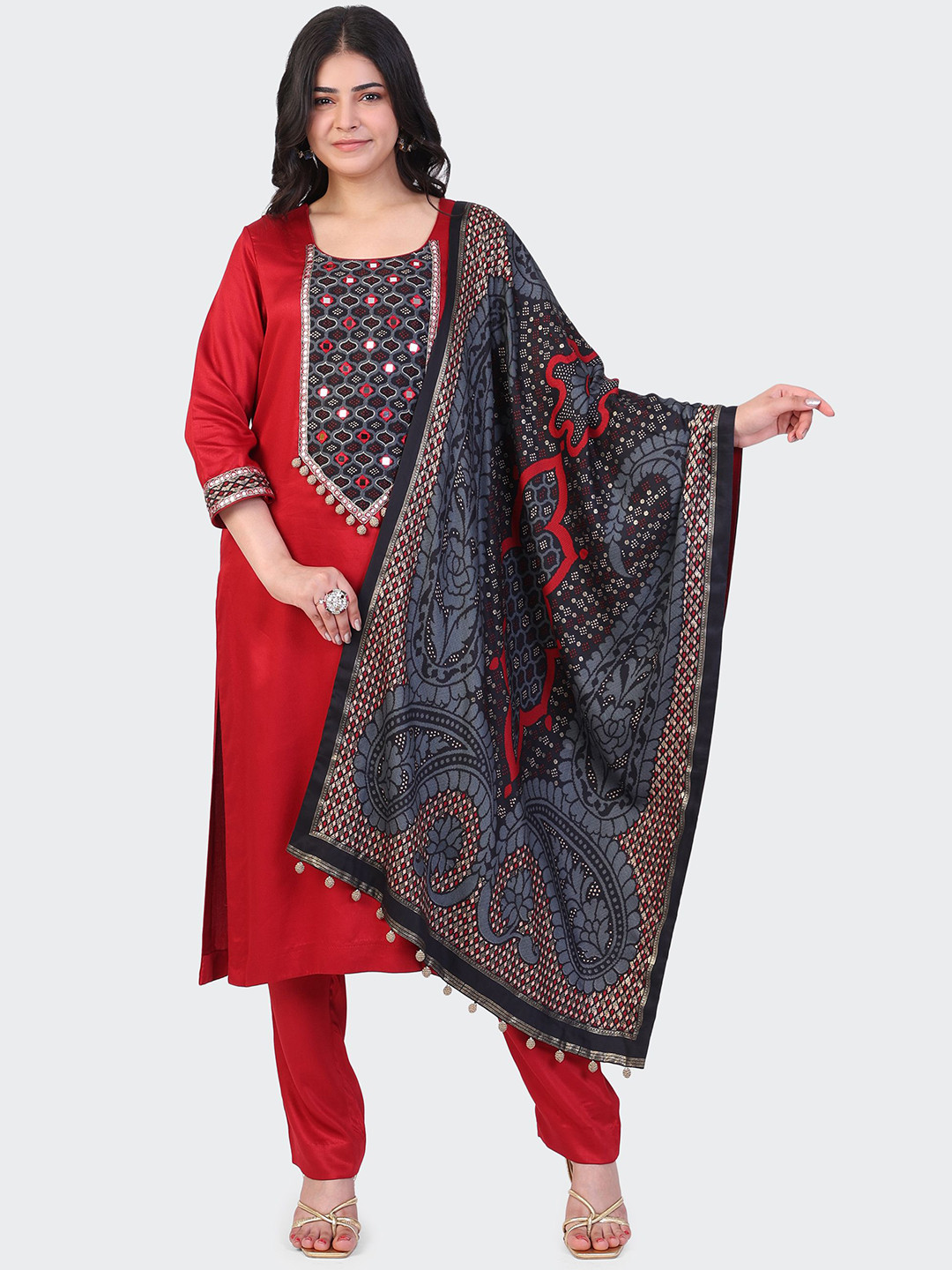 HUE & HIDE Women Red Embroidered Beads and Stones Kurta with Trousers & With Dupatta