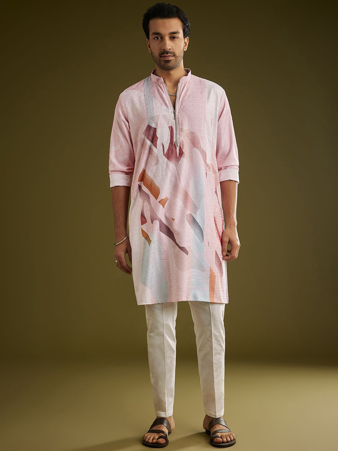 KALKI Fashion Men Pink Printed Regular Linen Kurta with Trousers