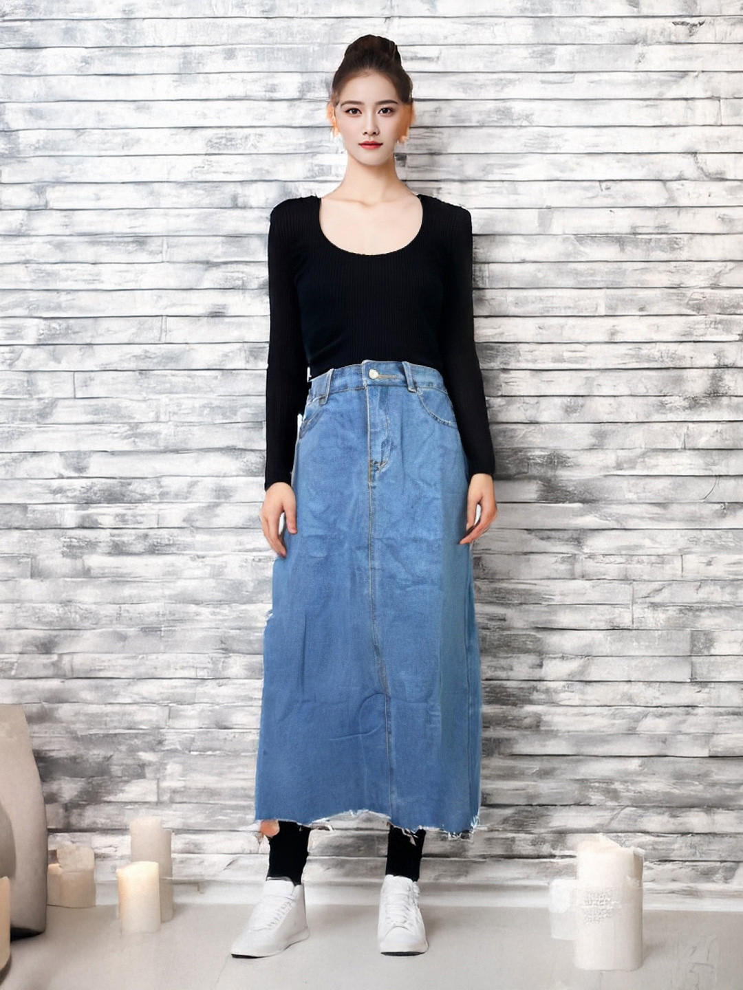 Blue Solid A-Line Maxi Skirt with Button Closure