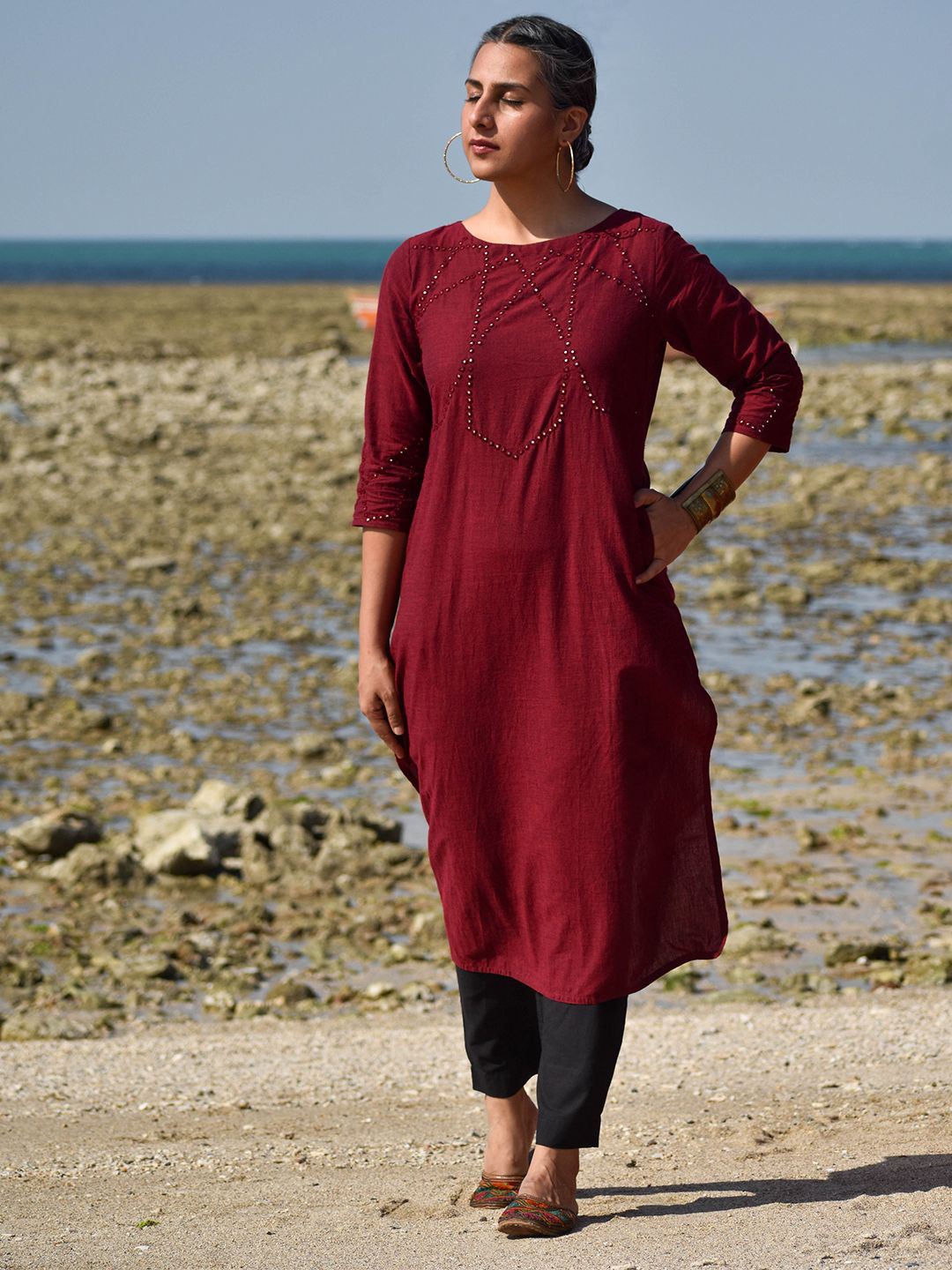 OKHAI Women Woven Design Embroidered Kutch Daily Cotton Straight Kurtas