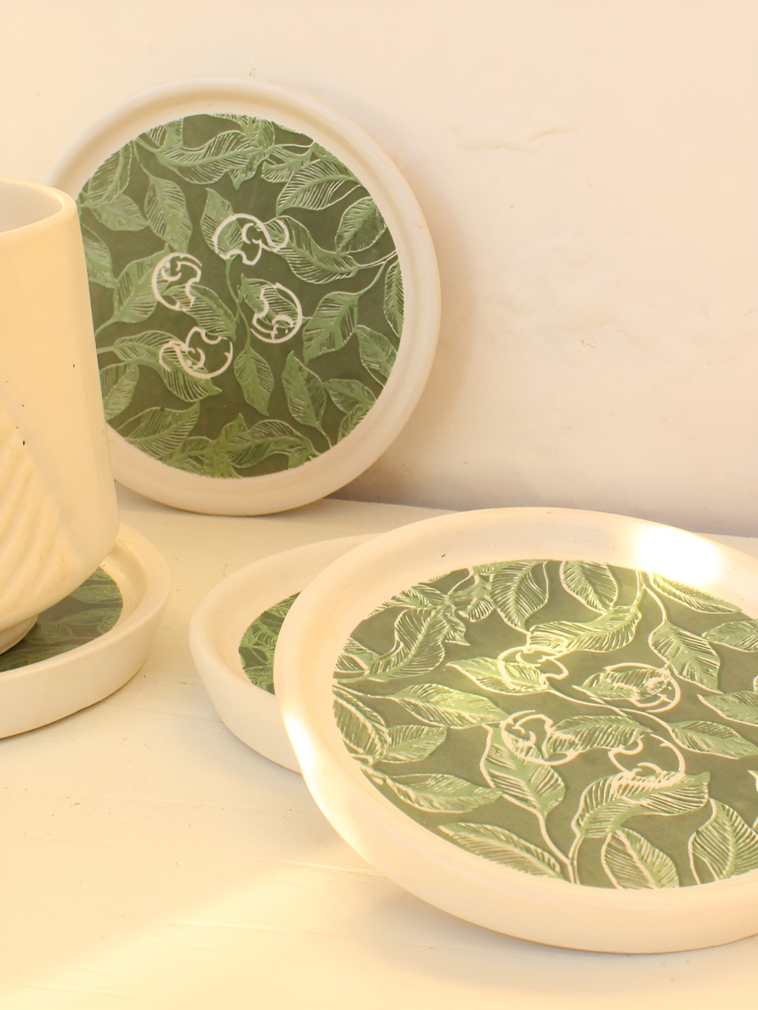 BYORA HOMES Set Of 4 Green Printed Ceramic Coasters