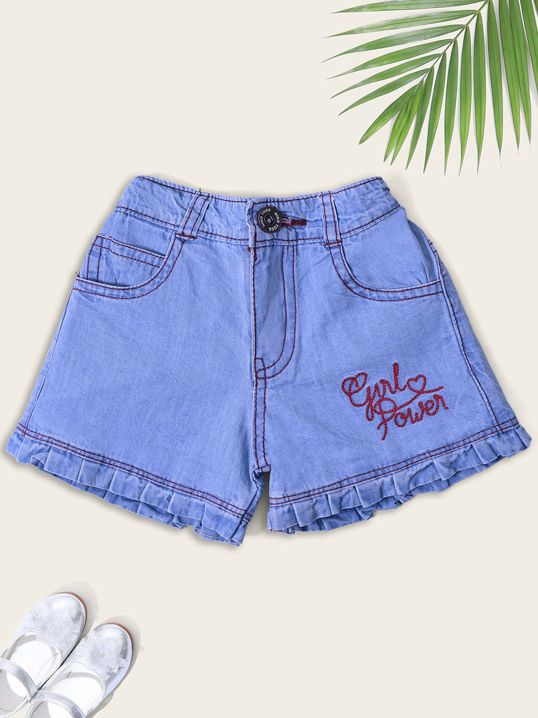 Nino Togs Girls Typography Embellished Regular Fit Mid-Rise Denim Shorts