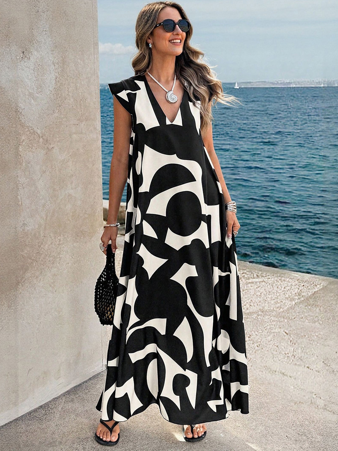 Outzidr Women V Neck Monochrome Print Flared Maxi Dress