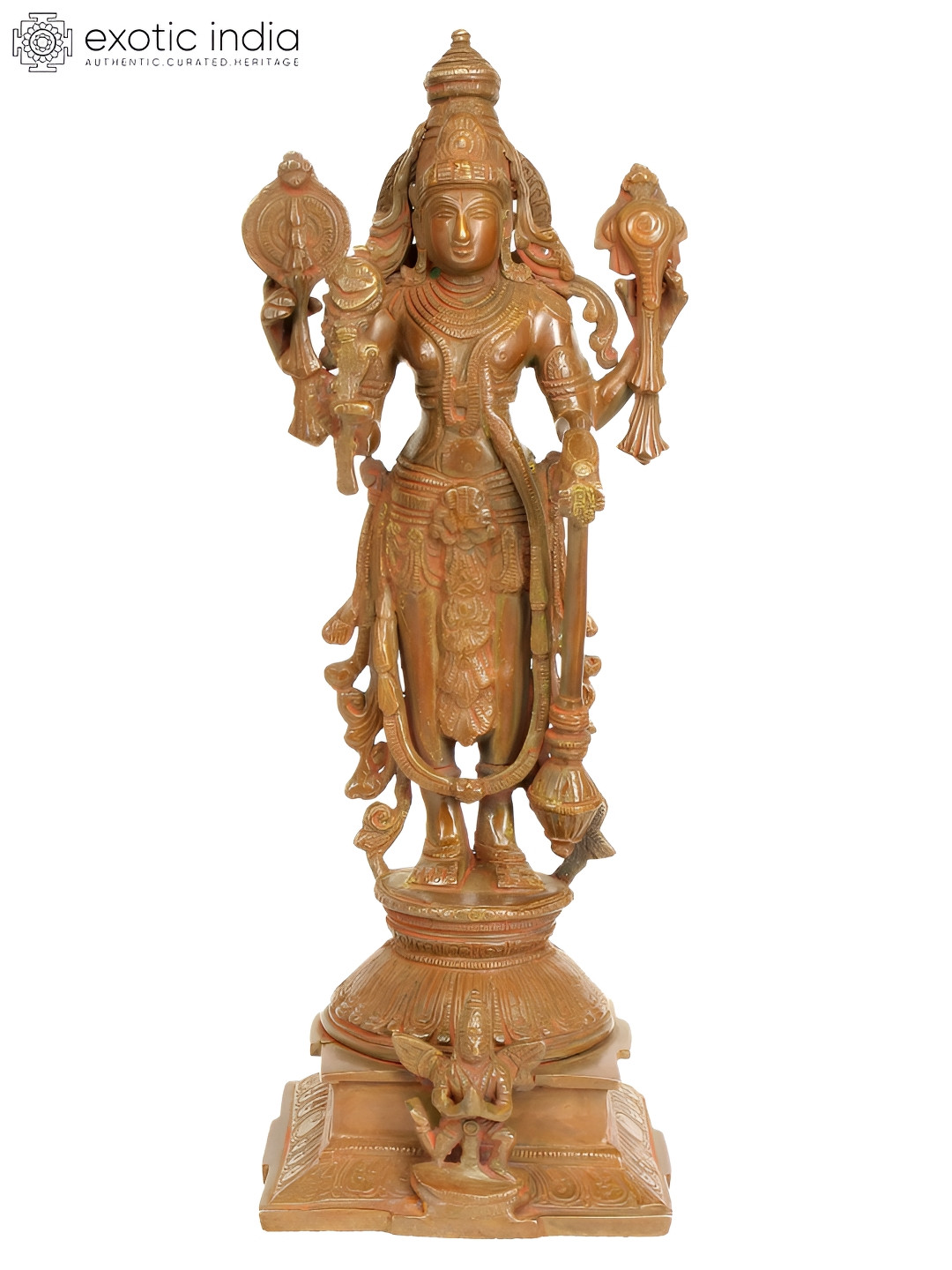 Exotic India Four-Armed Standing Vishnu Brown Brass Metallic Prayer Room Hand Made Medium Showpiece - 15 Inches