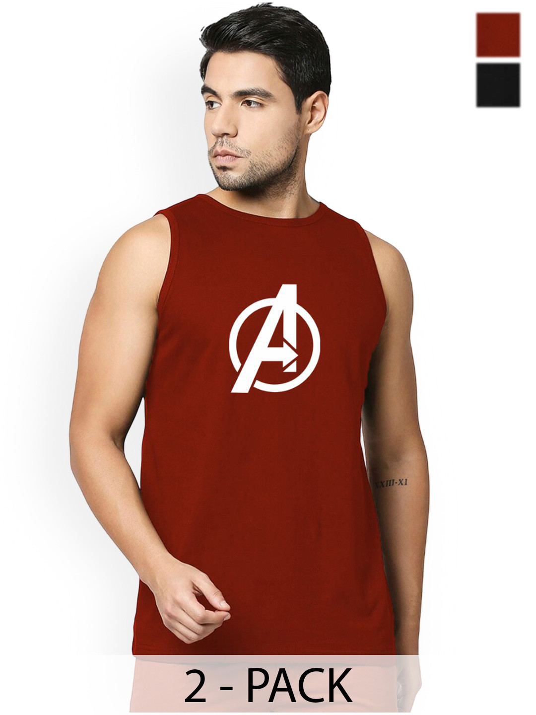 Organic Chics Pack Of 2 Printed Cotton Tanks Maroon Avenger-Black Infinity _S