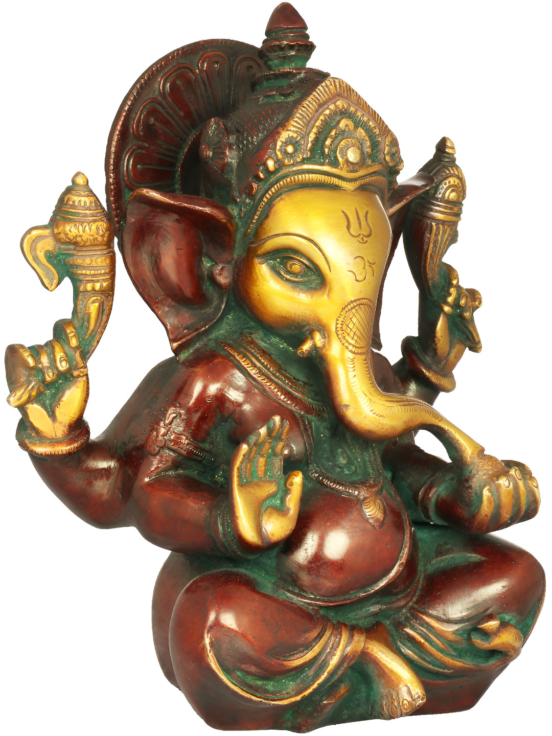 Exotic India Lord Ganesha Enjoying Modak Gold Brass Metallic Prayer Room Hand Made Medium Showpiece - 8.5 Inches