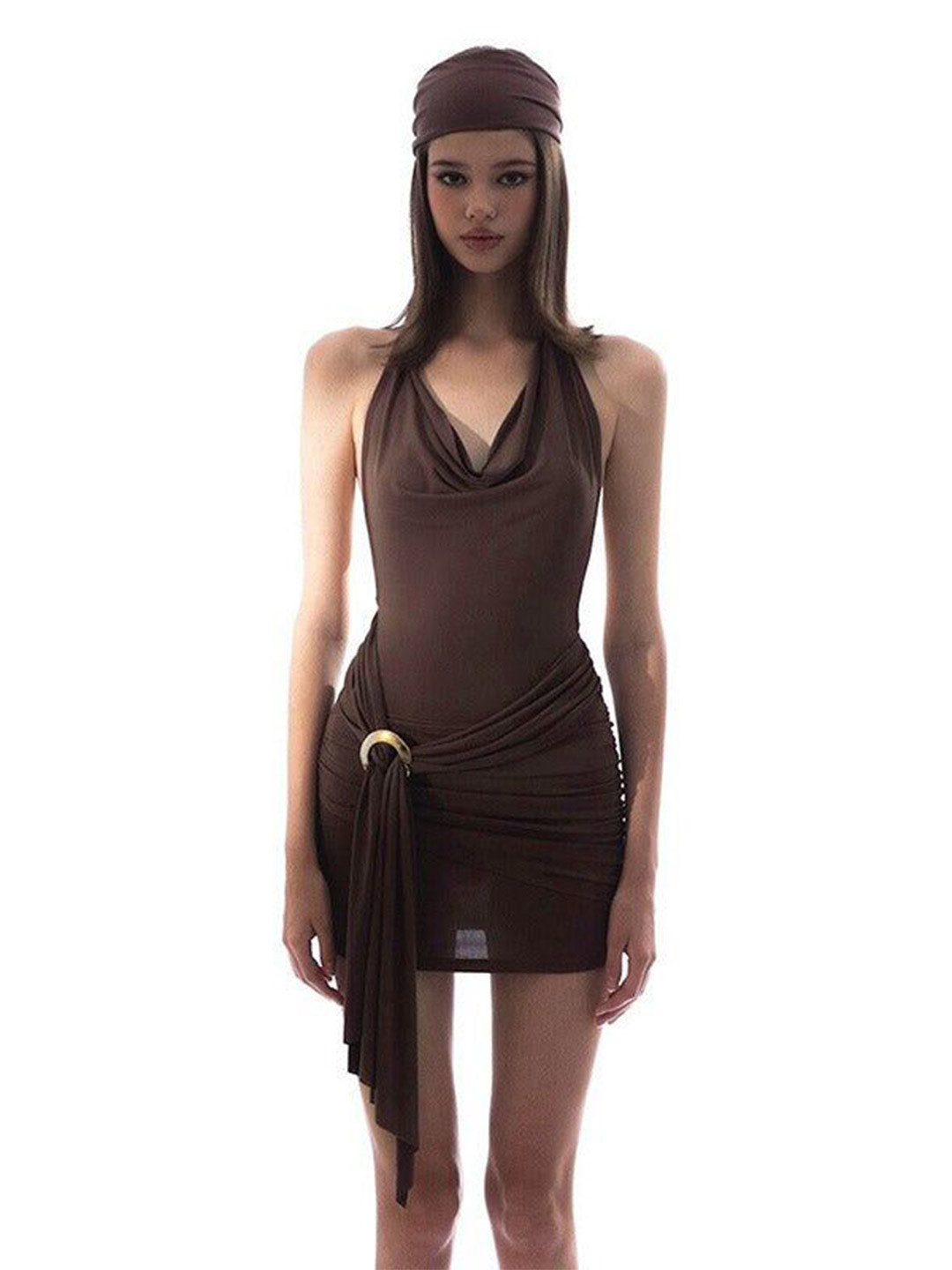 Outzidr Brown Cowl Neck Wrap Fitted Dress