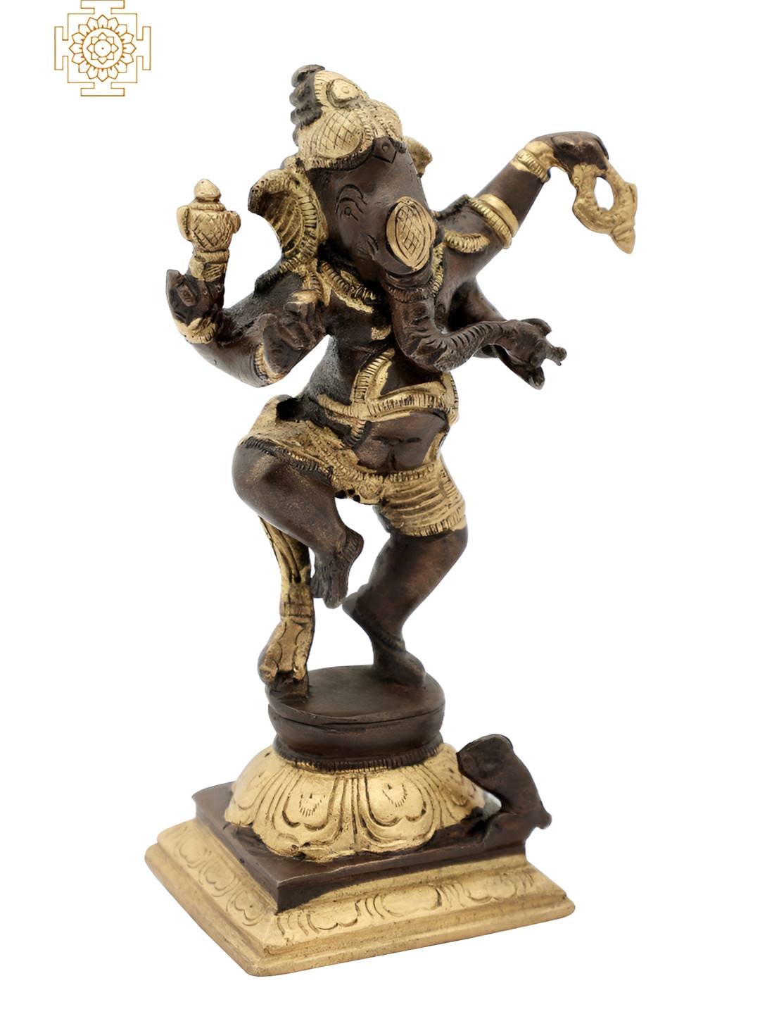 Exotic India Dancing Baby Ganesha Gold Brass Metallic Prayer Room Hand Made Small Showpiece - 5.8 Inches