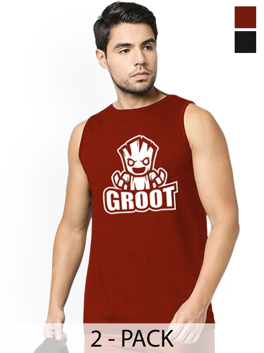Organic Chics Pack Of 2 Printed Cotton Tanks Black Avenger - Maroon Groot_S