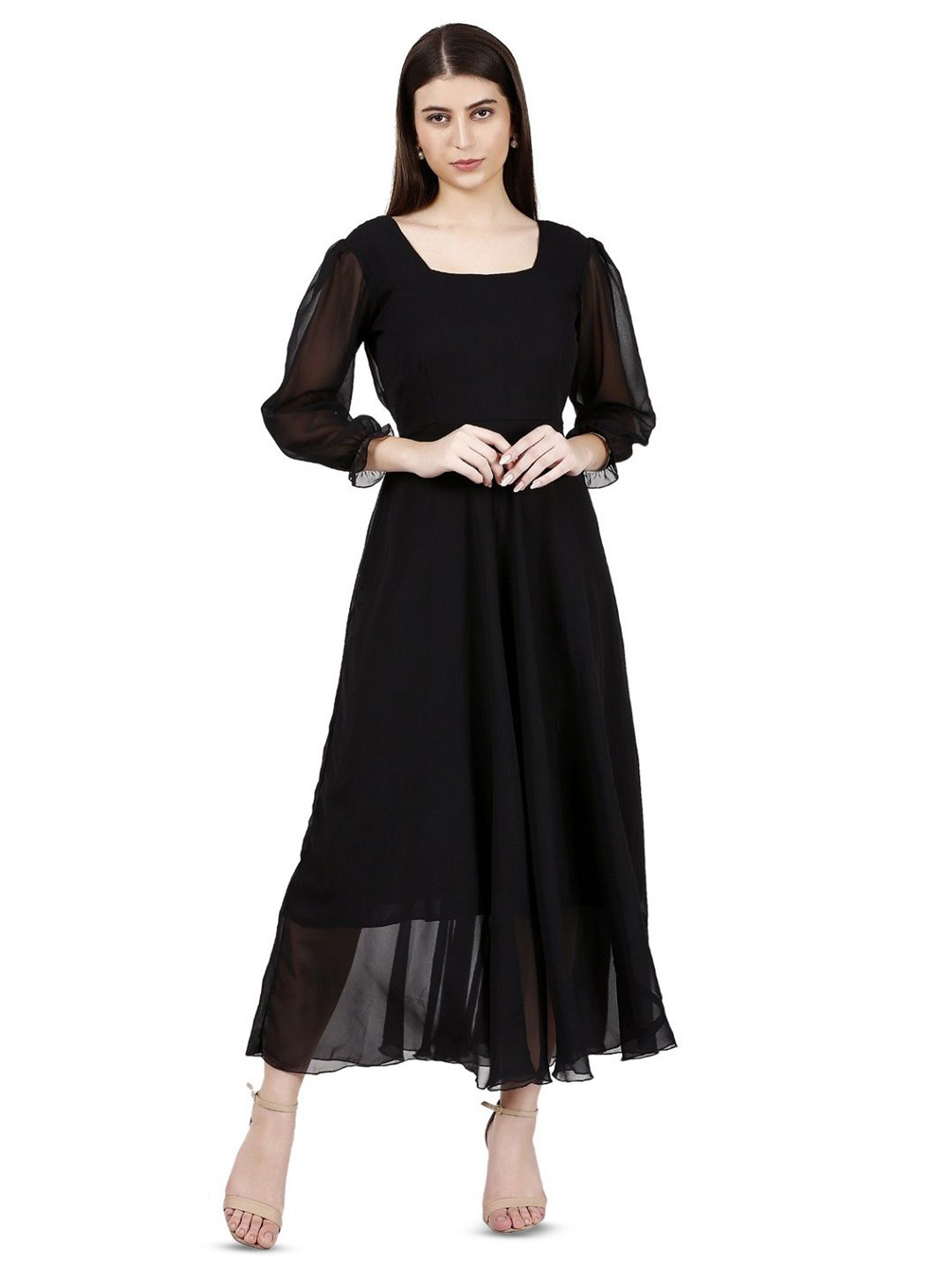 Warsian Puff Sleeves Georgette Fit & Flare Maxi Dress
