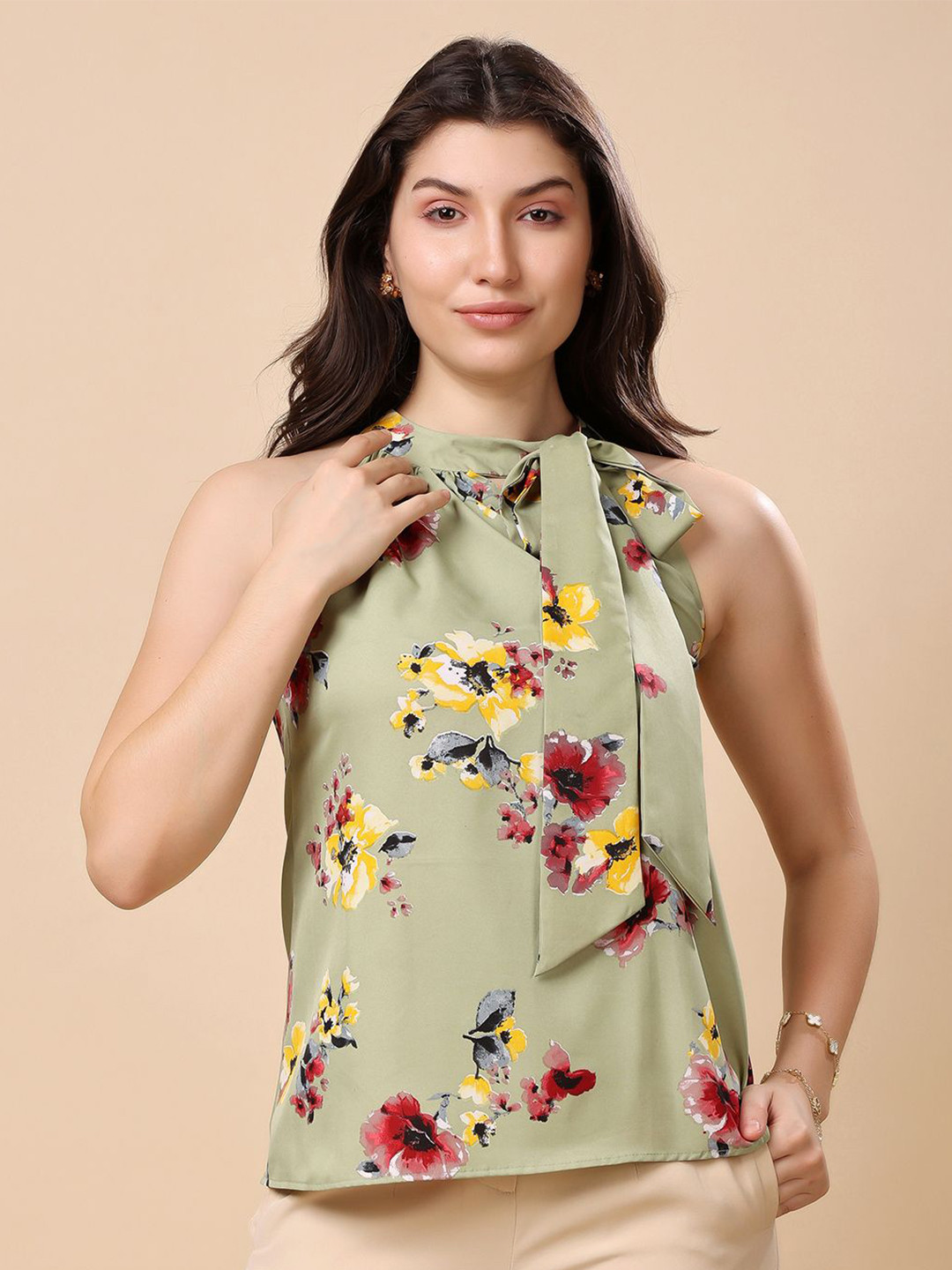 T TRYON ULTIMATE Women Tie Up neck Floral Print Crepe Top