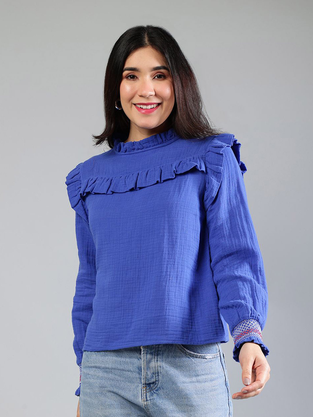 Peppinos Women Ruffles Cuffed Sleeves Cotton Top