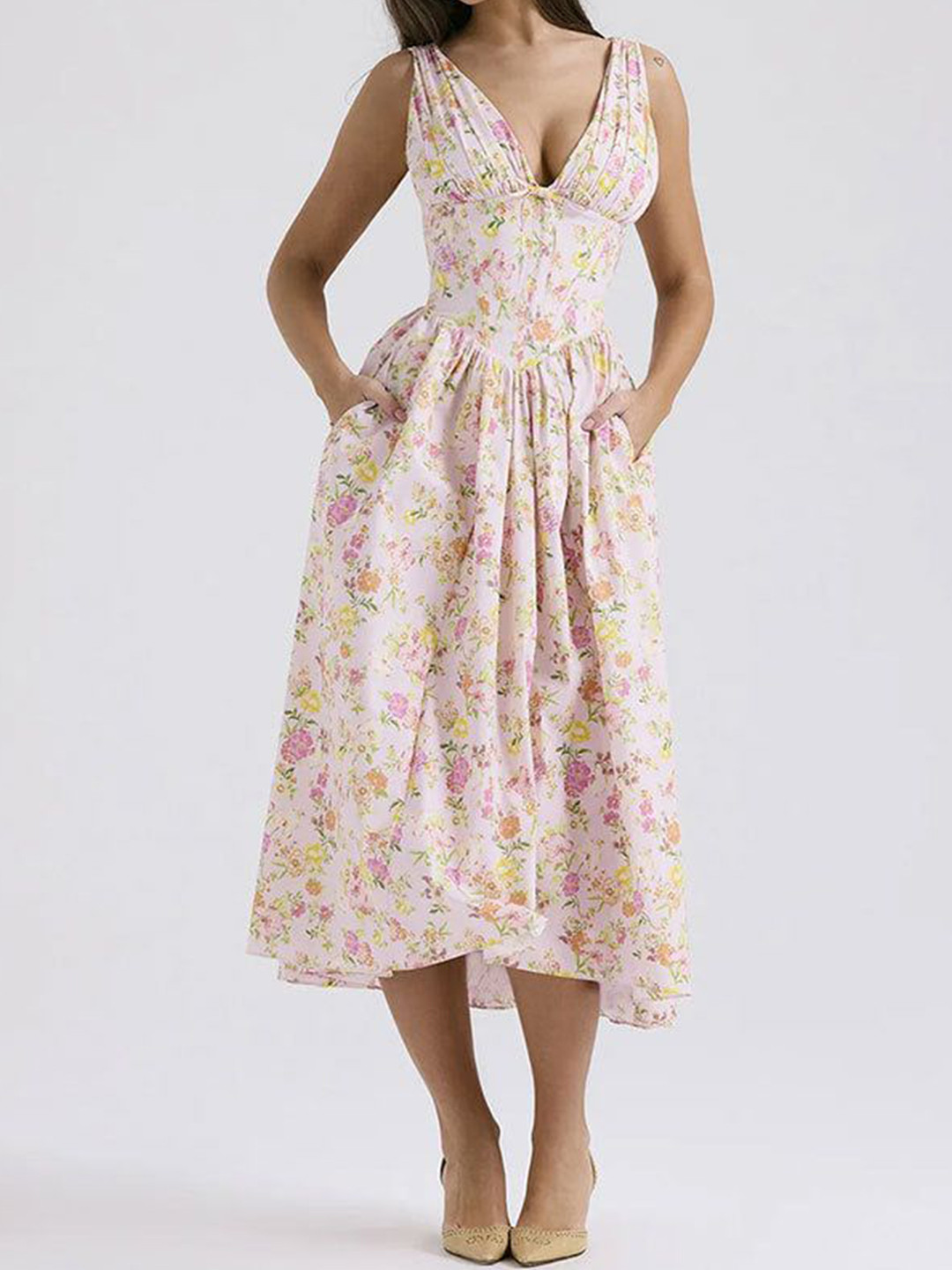 Outzidr Pink V Neck Corset Flared Dress