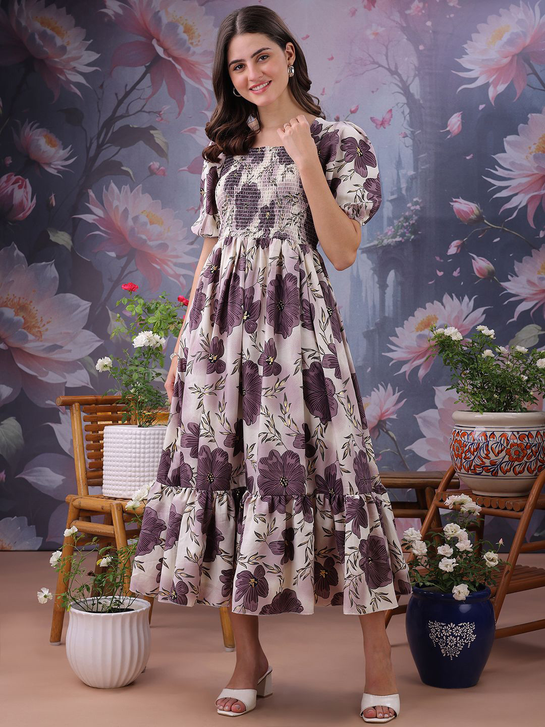 CORSICA Women Floral Printed Puff Sleeves Smocked Collar Fit & Flare Dress