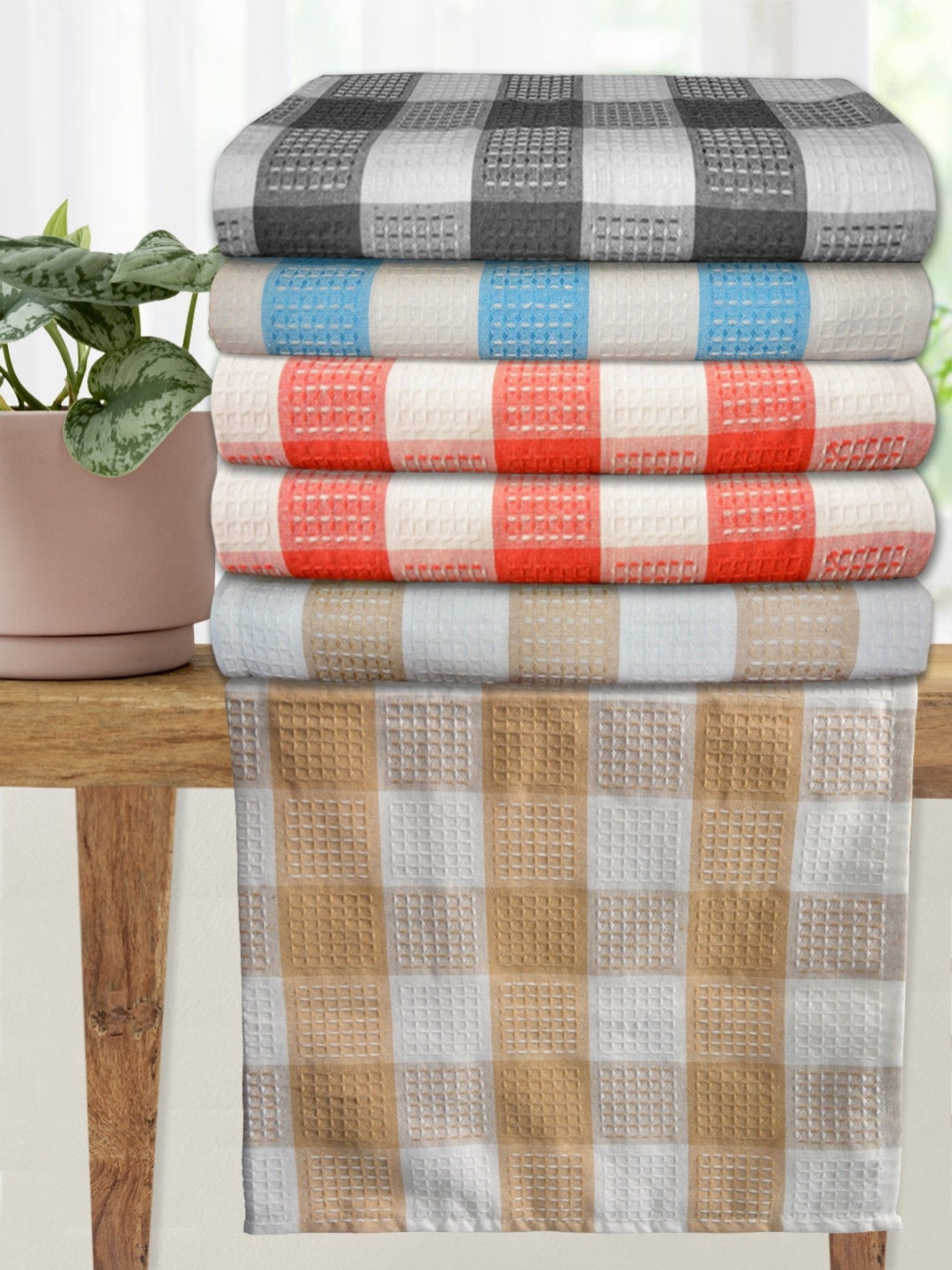 Athom Living Premium Blue & Orange Colored 6 Pieces Printed Cotton 210 GSM Bath Towels