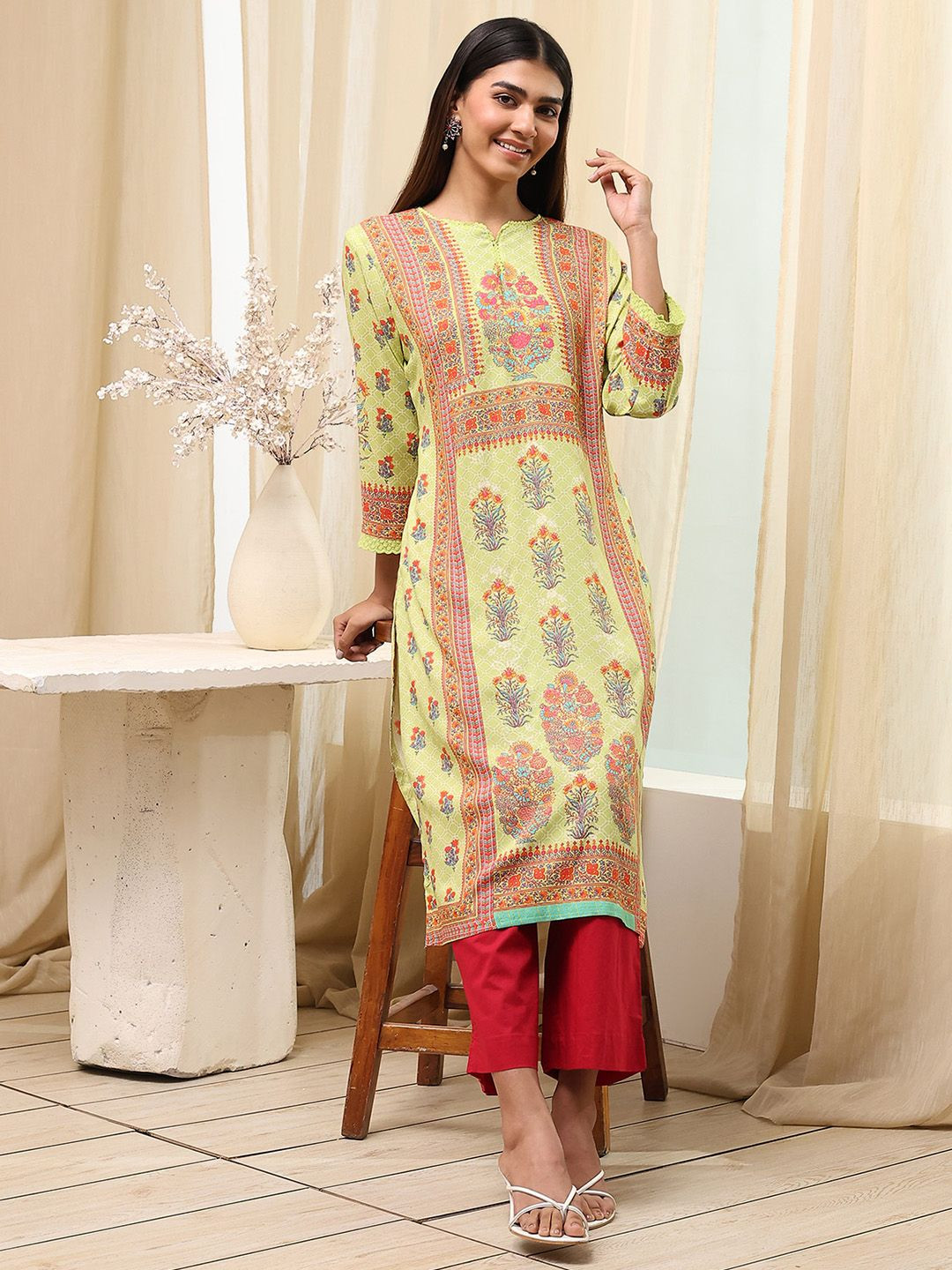 Biba Women Yellow Viscion Rayon Floral Printed Kurta