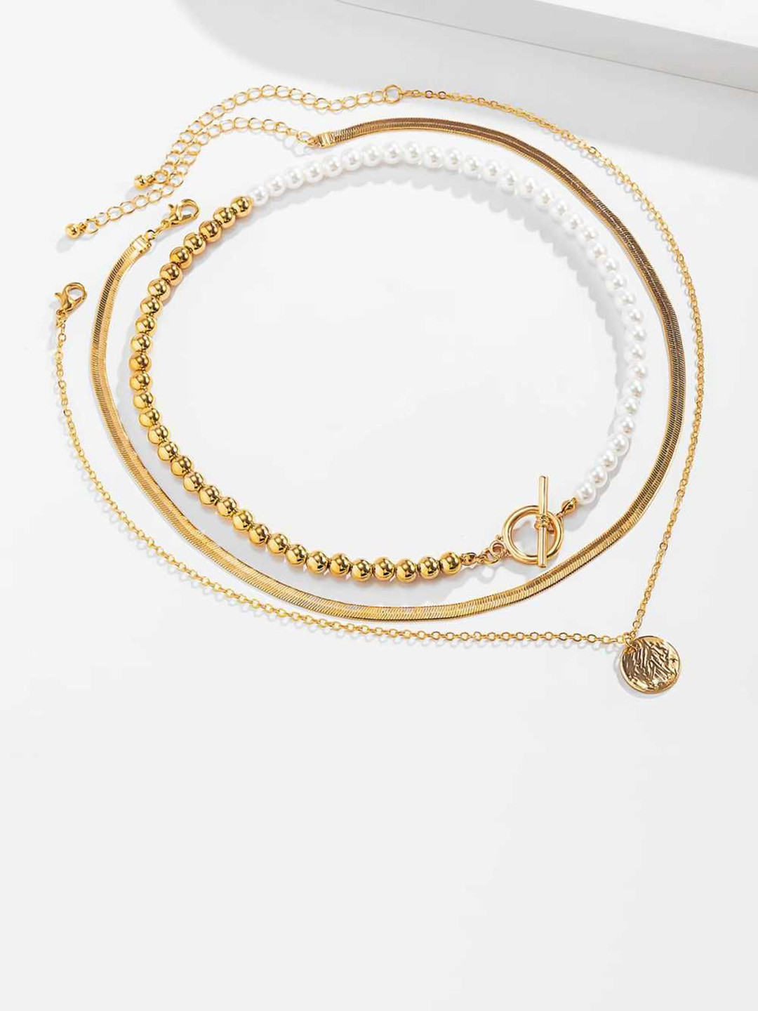 Bling Queen Set Of 3 Stainless Steel Pearls Beaded Minimal Necklaces