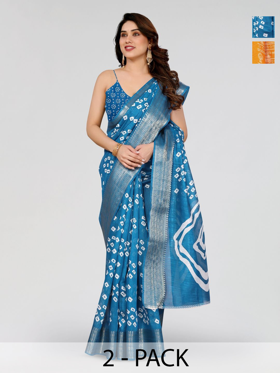 Moda Rapido Women Blue Bandhani Cotton Blend Saree