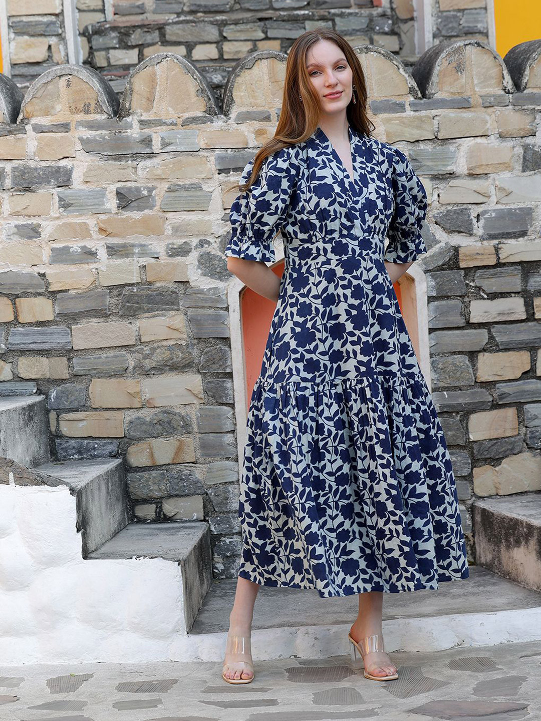 Peppinos Printed Puff Sleeves Fit and Flare Tiered Maxi Dress