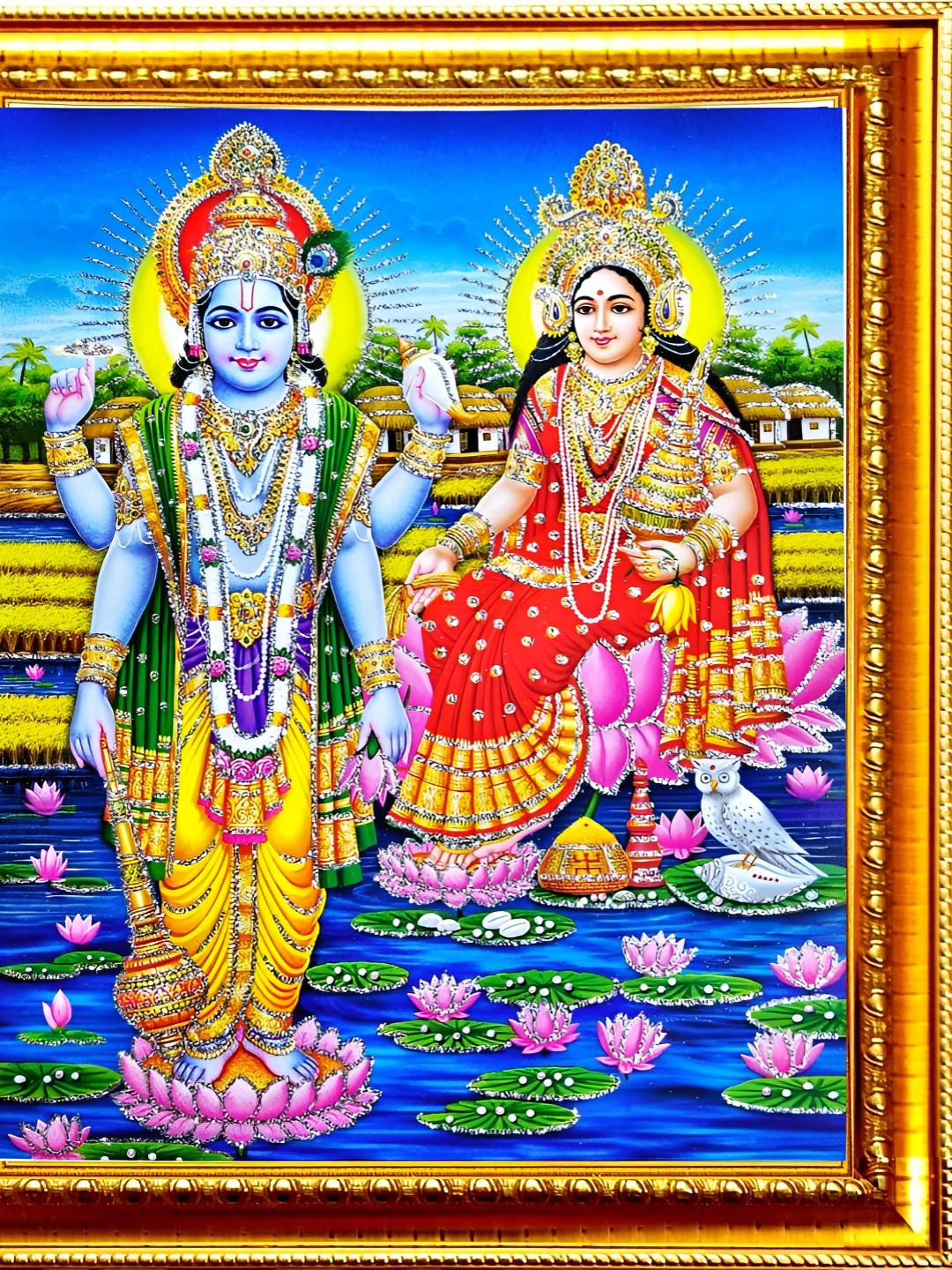 SUNINOW Blue & Pink Vishnu Laxmi Wooden Religious Photo Frame