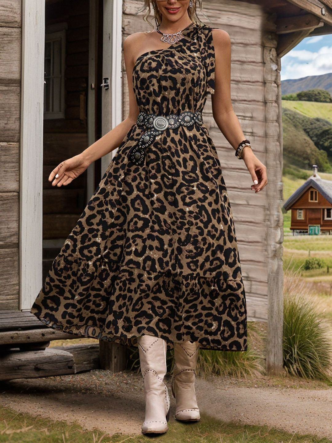 KPOP Women Animal Printed One Shoulder A-Line Midi Dress