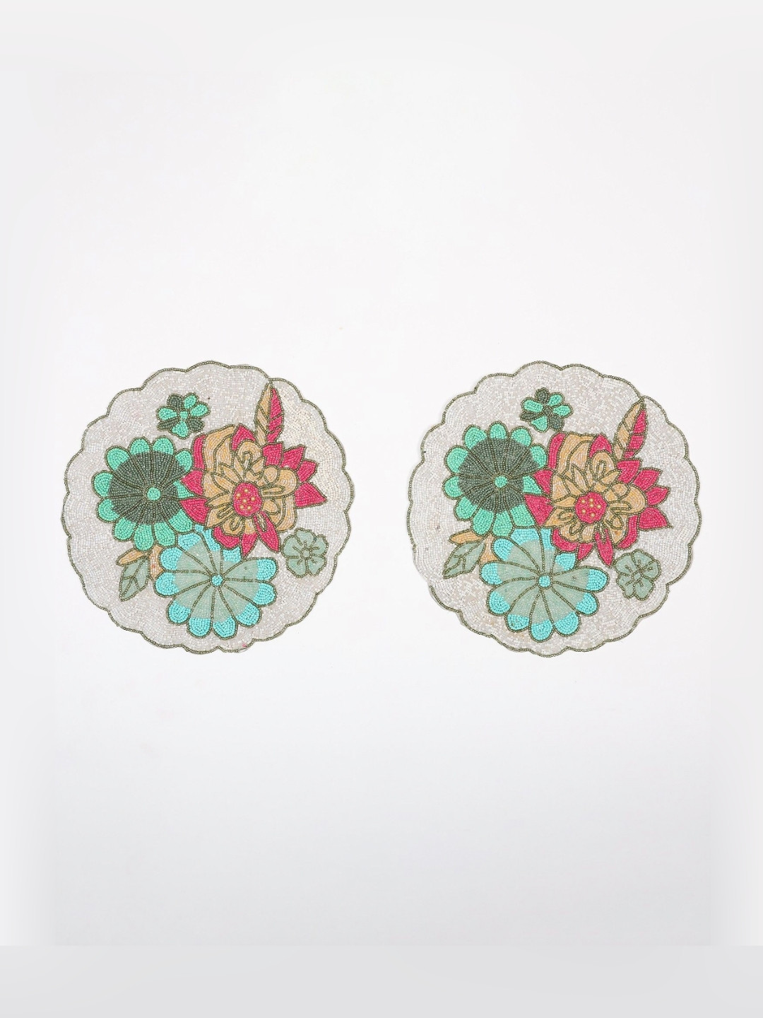 Exotic India 2-Pcs Scalloped Border Round Table Mat With Beads Embroidery