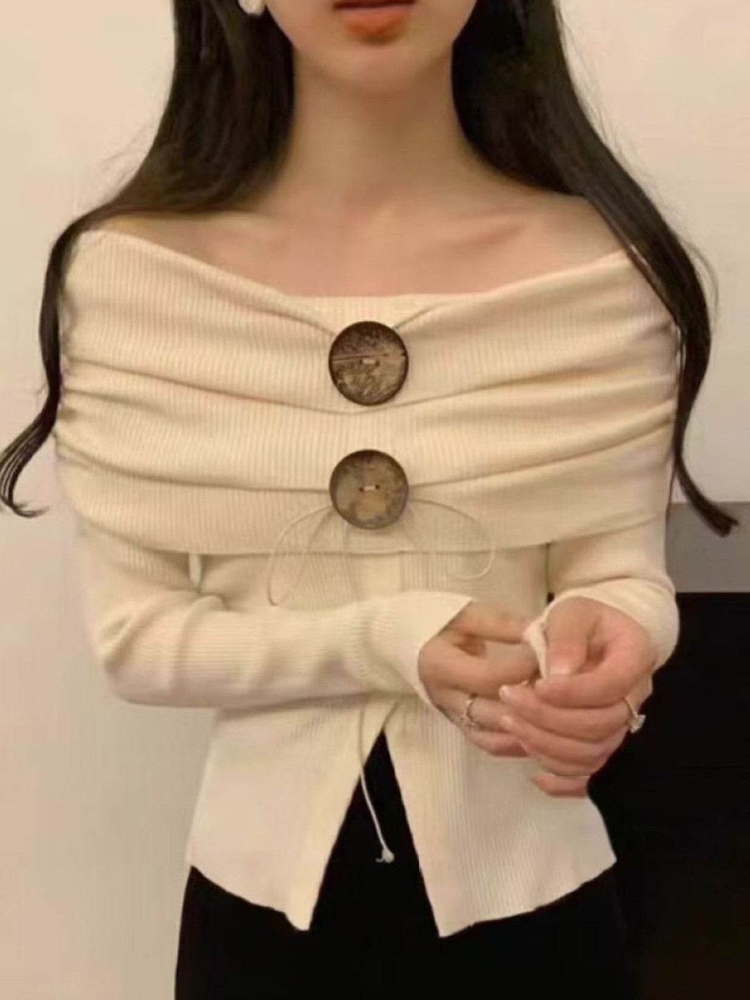 KPOP Women Solid Lace up Off-Shoulder Top