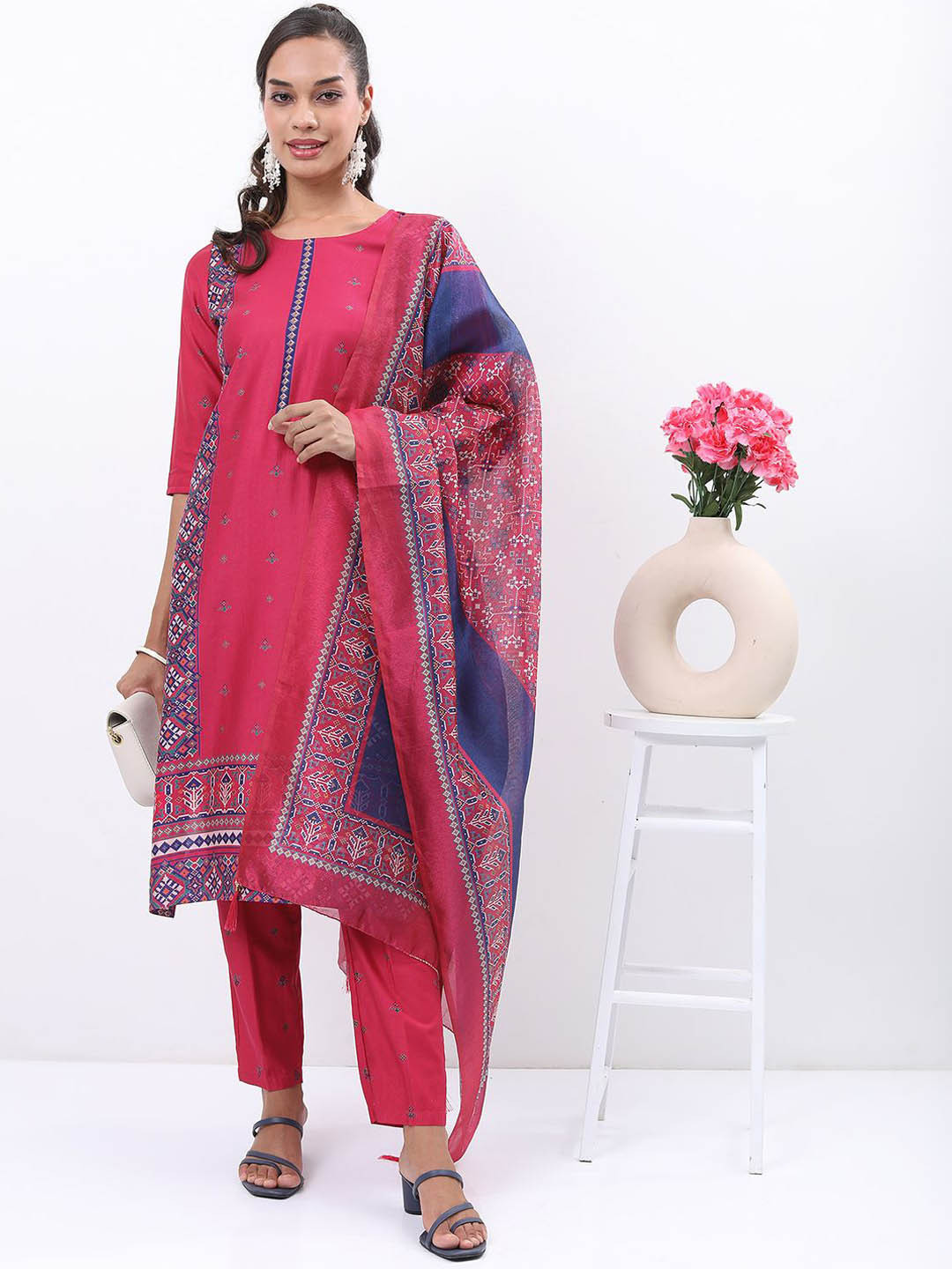 Vishudh Ethnic Motifs Printed Round Neck Straight Kurta With Trousers & Dupatta