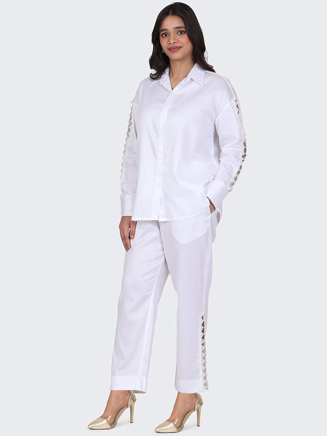 HUE & HIDE Embroidered Beaded Lace Cotton Shirt With Trousers Co-Ords