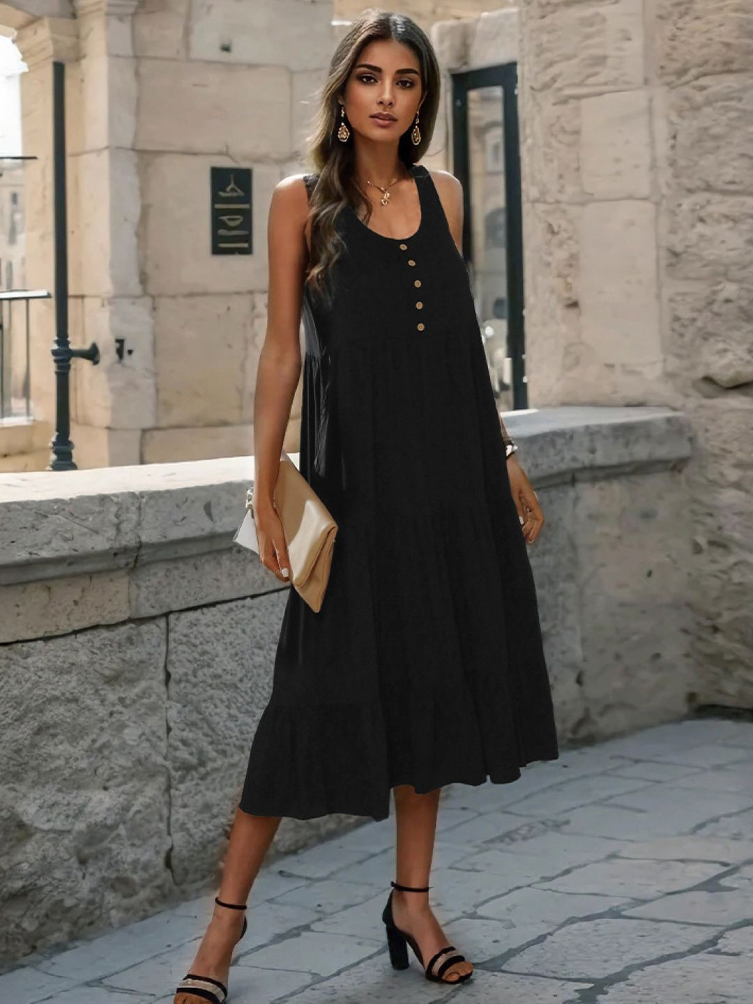 KPOP Women Solid Round Neck A-Line Black Midi Dress