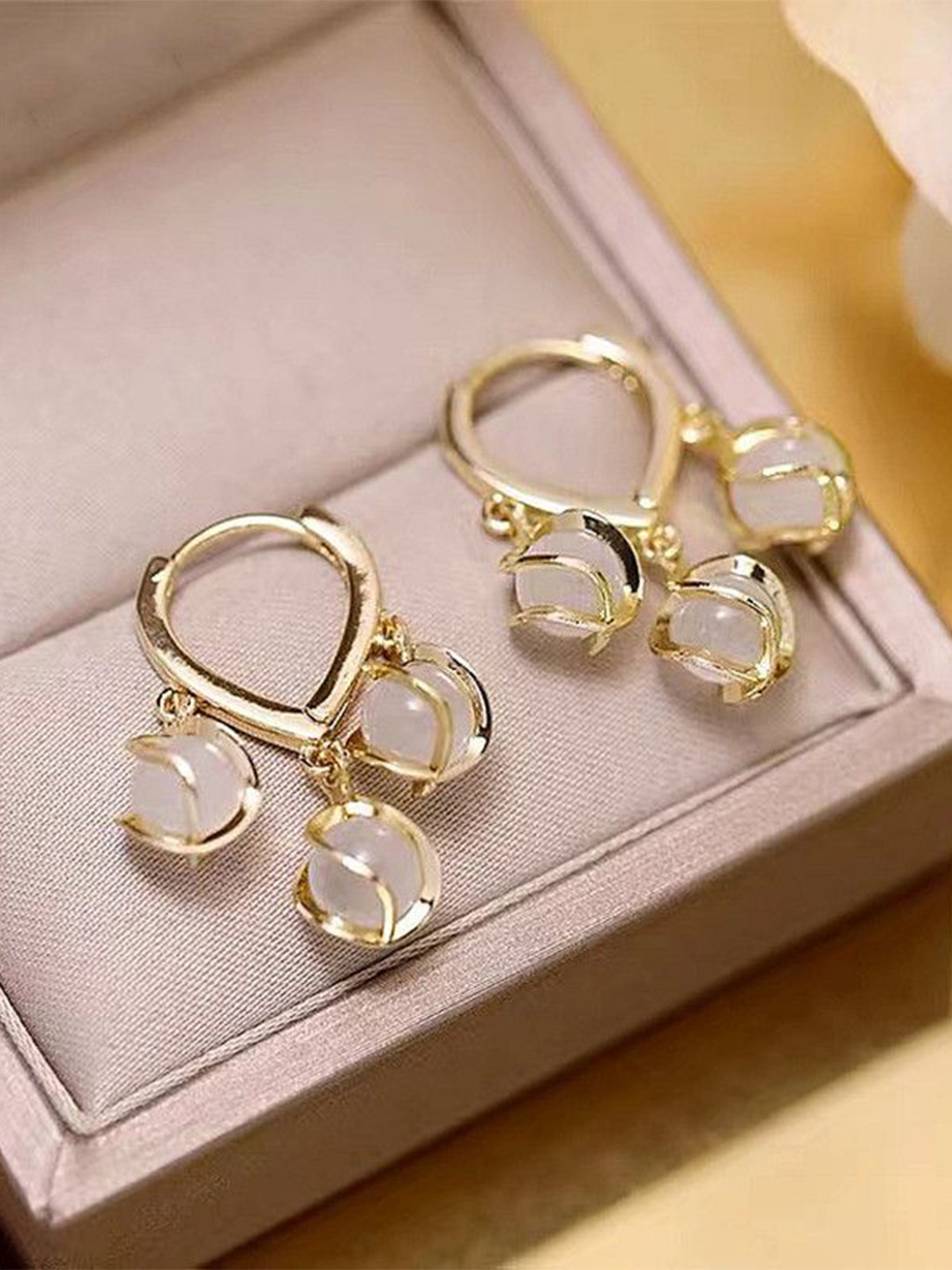 DIVASTRI Stainless Steel Gold-Plated Pearls Teardrop Shaped Anti Tarnish Hoop Earrings