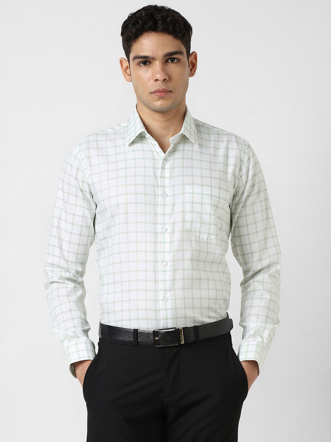 Van Heusen Men Slim Fit Tattersall Checks Checked Spread Collar Cotton Formal Shirt