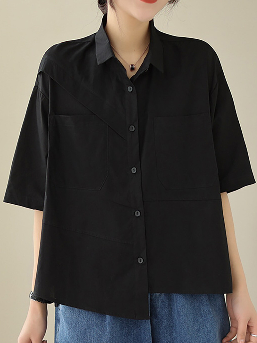 StyleCast Black Spread Collar Drop-Shoulder Sleeves Cotton Boxy Shirt