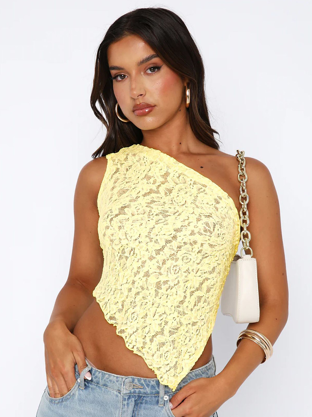 LULU & SKY Yellow Floral One Shoulder Asymmetric Top