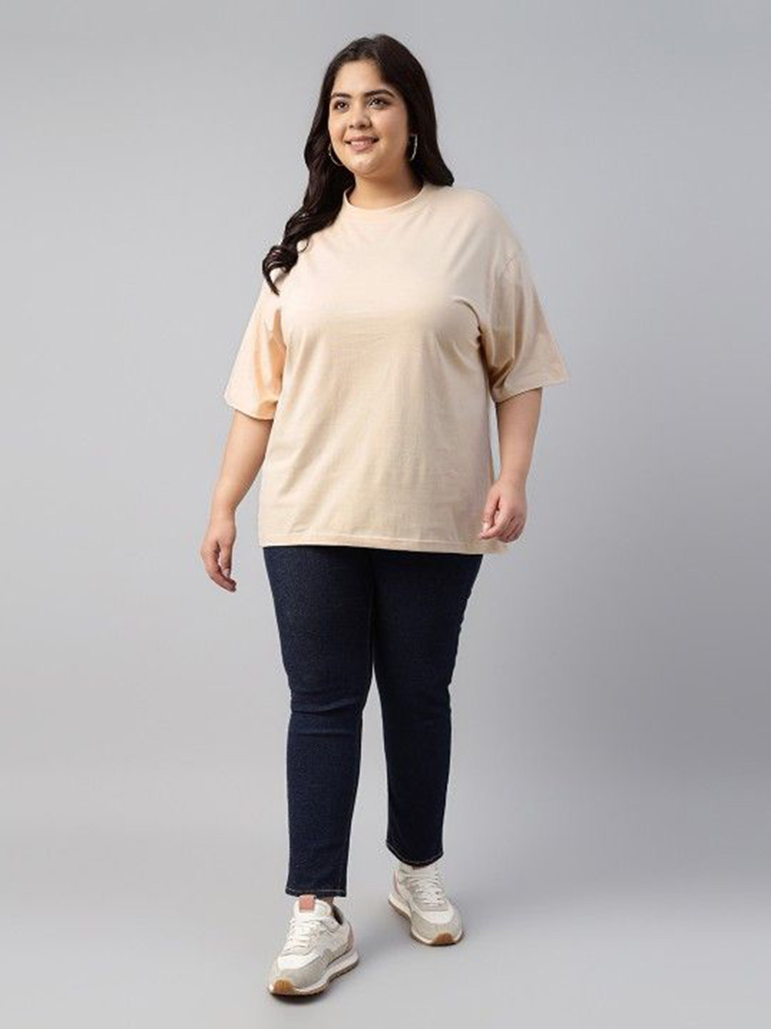 JUNEBERRY Women Cream Solid Round Neck Relaxed Fit Pure Cotton Oversized Plus Size T-Shirt