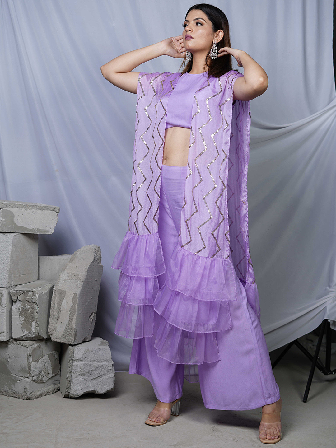 Shades of Sabi Ruffled Crop Top With Palazzo & Cape Co-Ords