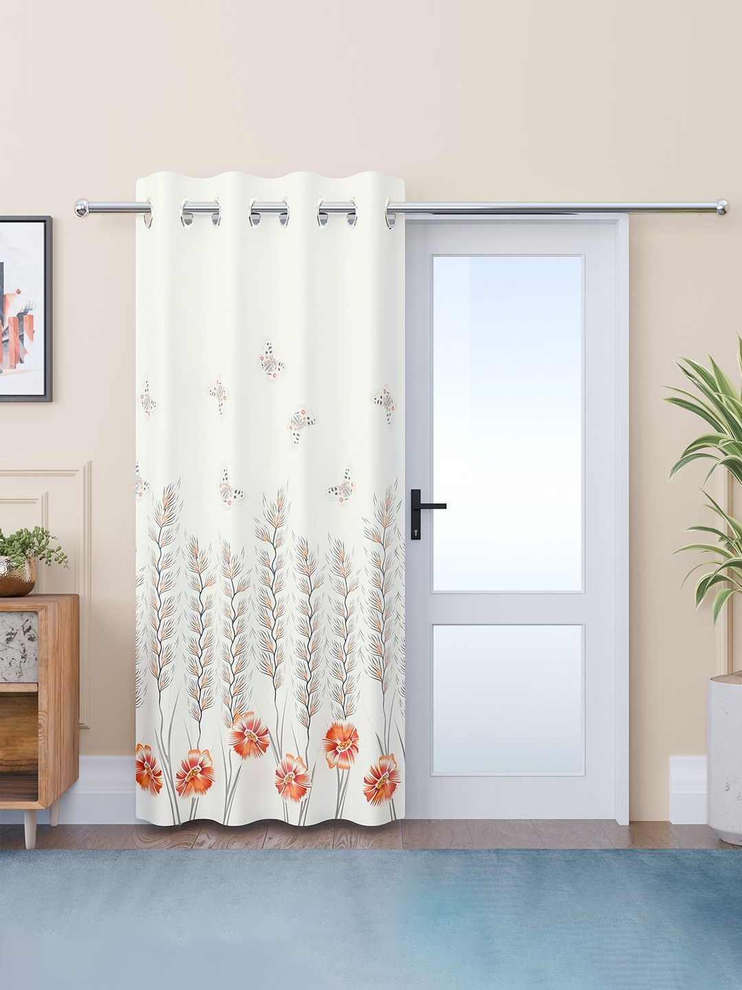 Kuber Industries White & Black Polyester Floral Printed Door Curtain 7 Feet & 8 Grommets