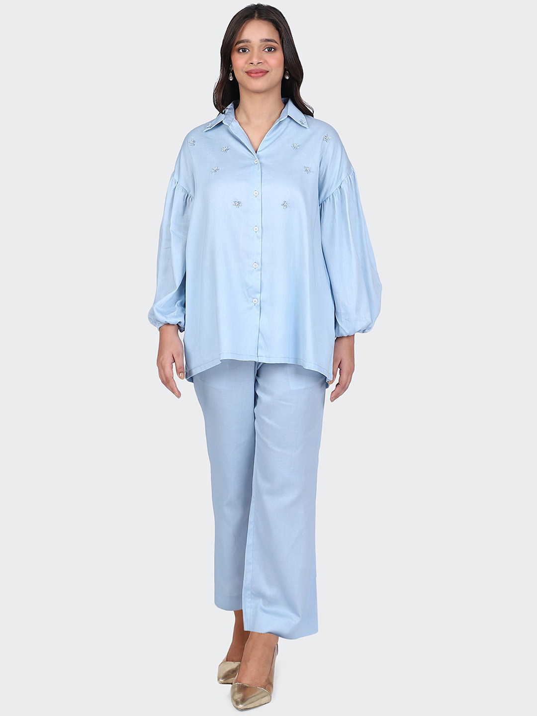 HUE & HIDE Embroidered Cotton Balloon Sleeves Shirt With Trousers Co-Ords