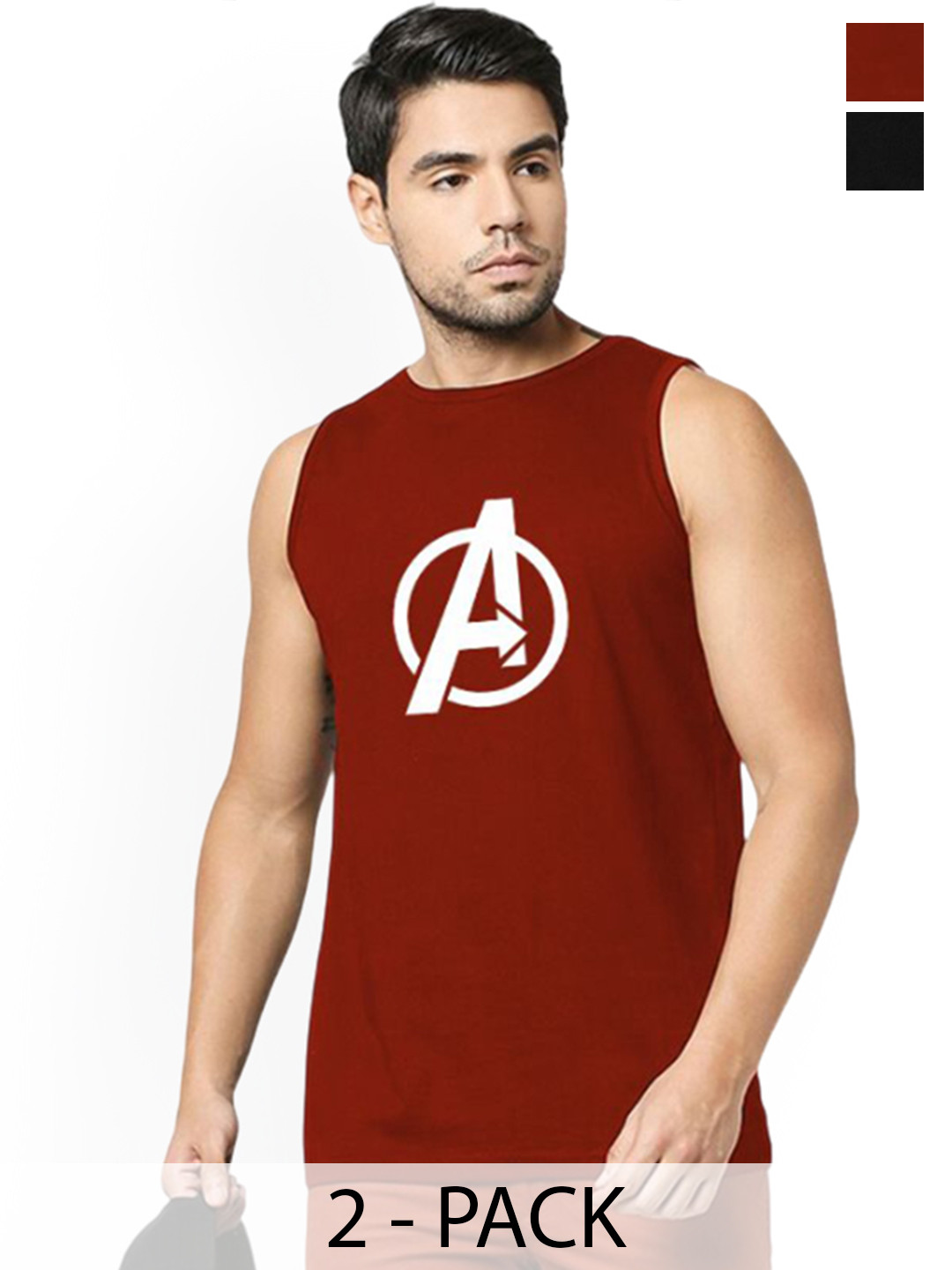 Organic Chics Pack Of 2 Avengers Printed Cotton Vests Maroon Avenger - Black Captain_S