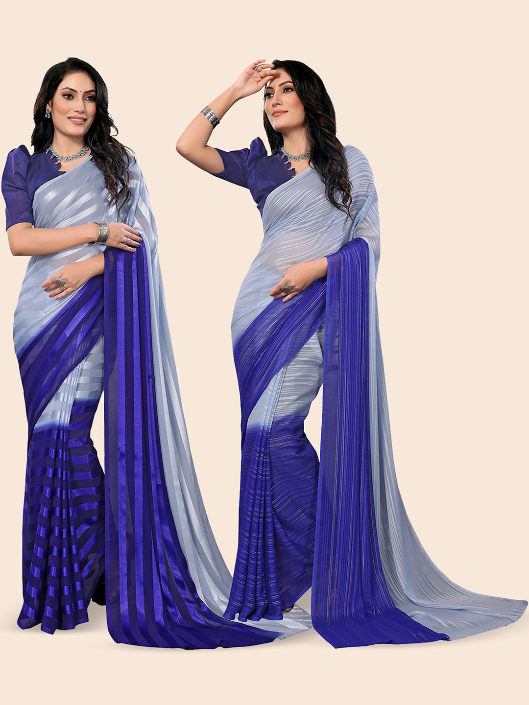 Moda Rapido Women Striped Bollywood Satin Saree Pack of 2