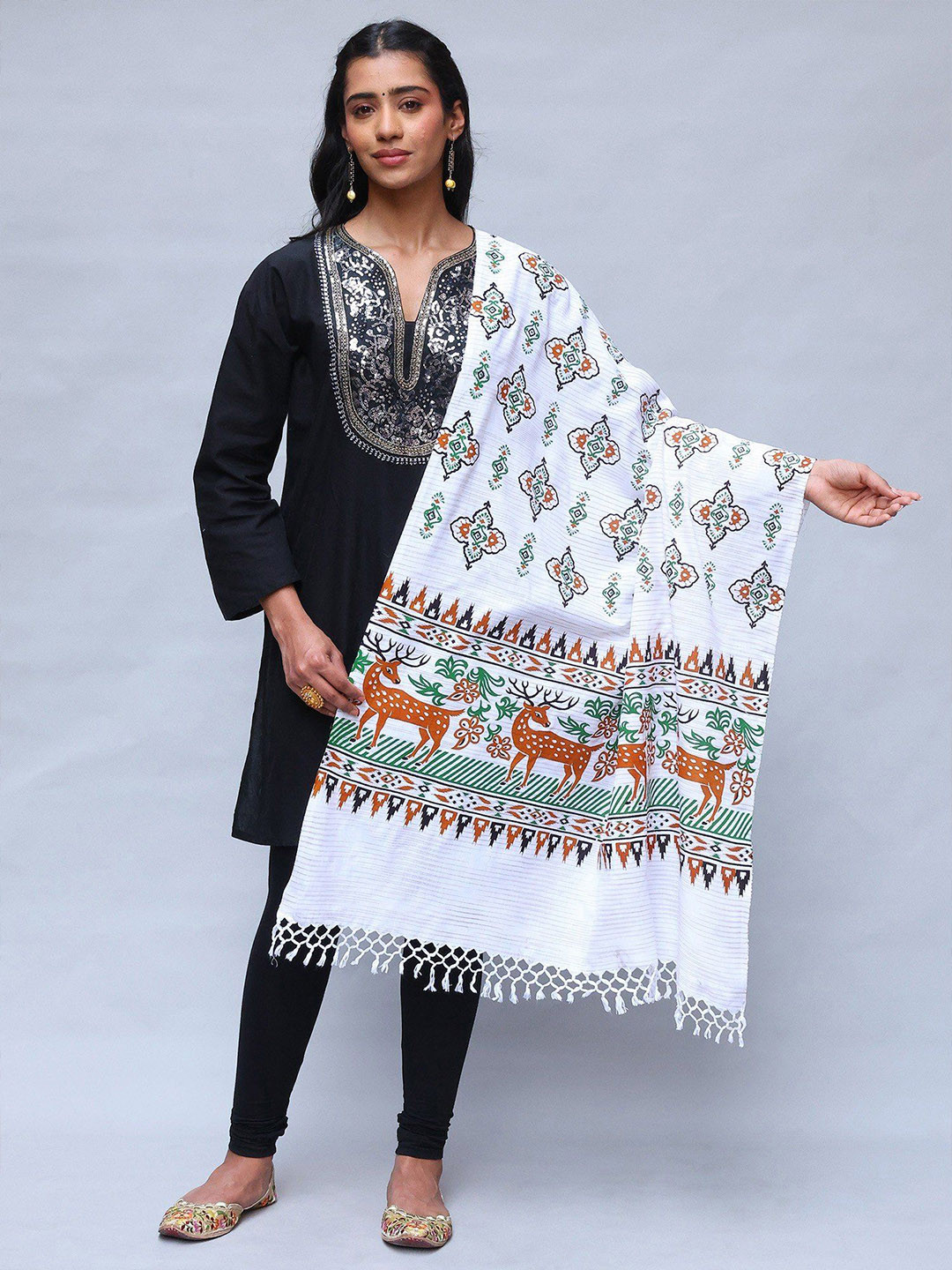 Exotic India Star Deer Pattern Cotton Dupatta With Fringe Border
