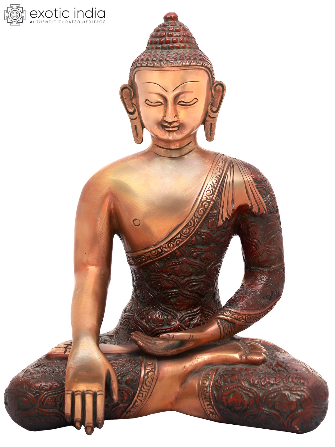 Exotic India Vajrasana Buddha Red Brass Metallic Prayer Room Hand Made Medium Showpiece - 10.8 Inches