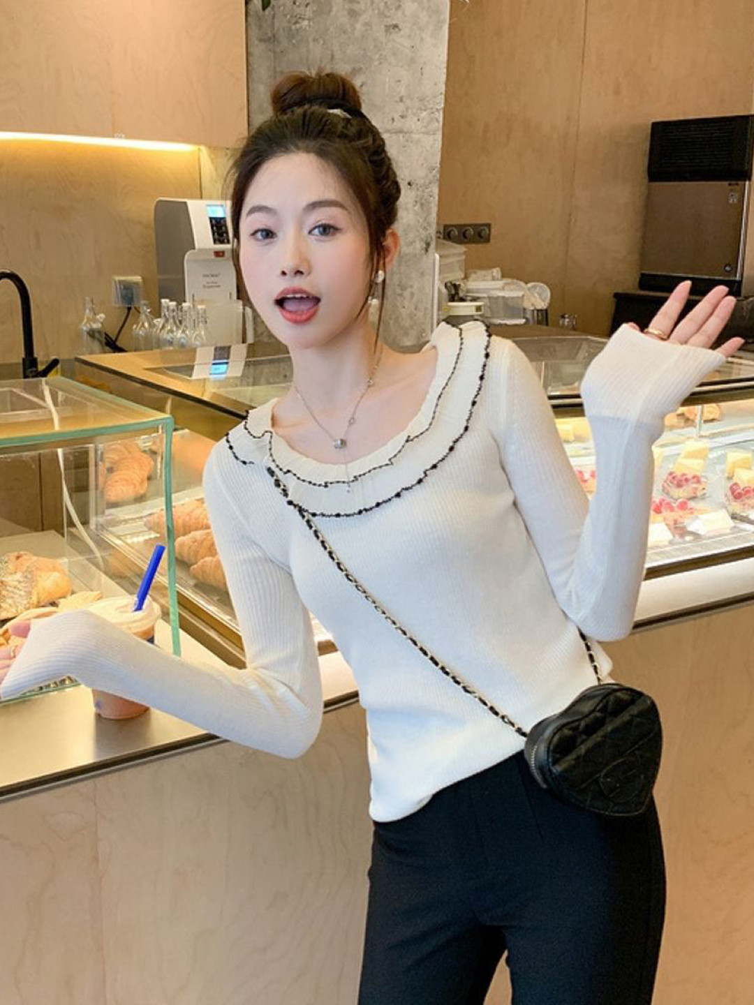 KPOP Women Solid Ribbed Ruffles Regular Top