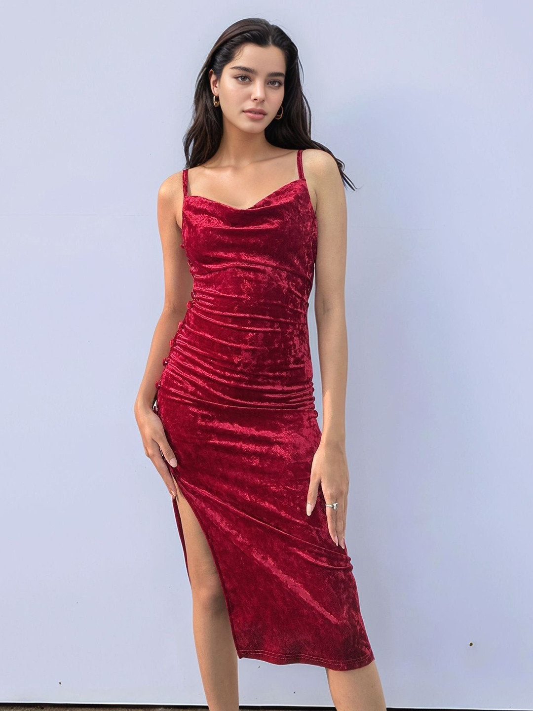 Outzidr Women Velour Side Slit Cowl Dress